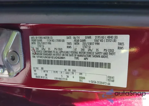 2014 Ford Escape Se из США, поврежденный, VIN 1FMCU9G91EUD92881